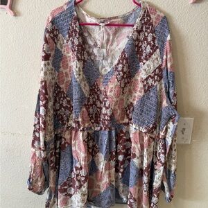 Maurices Multicolor Smocked V-Neck Patchwork Top